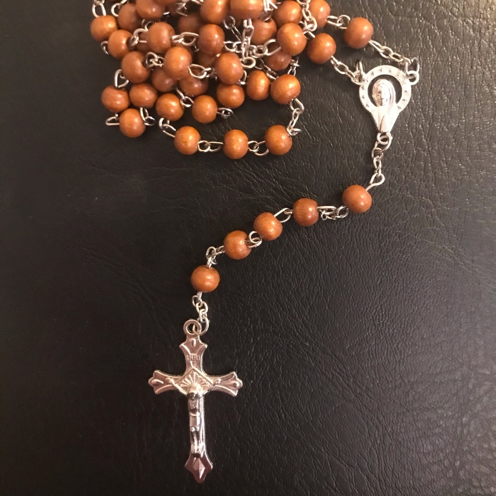 💗 Light Brown Rosary Necklace Prayer Beads with Cross NEW